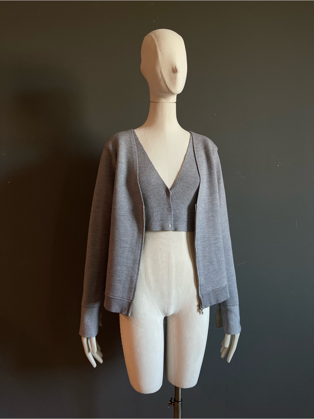 3.1 Phillip Lim Gray Wool Layered 2-in-1 Zip Cardigan Bra Top Quiet Luxury Sz M